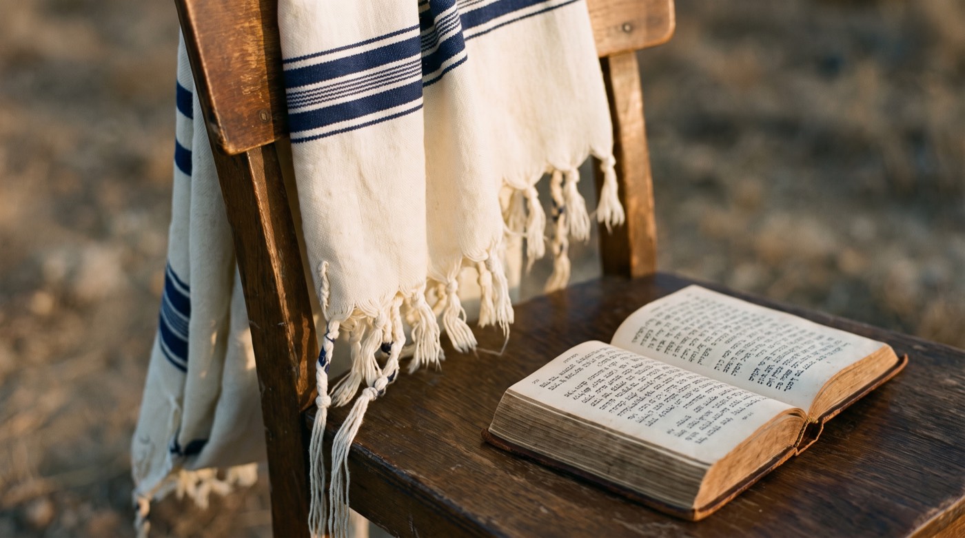 A tallit draped over a chair beside an open sefer