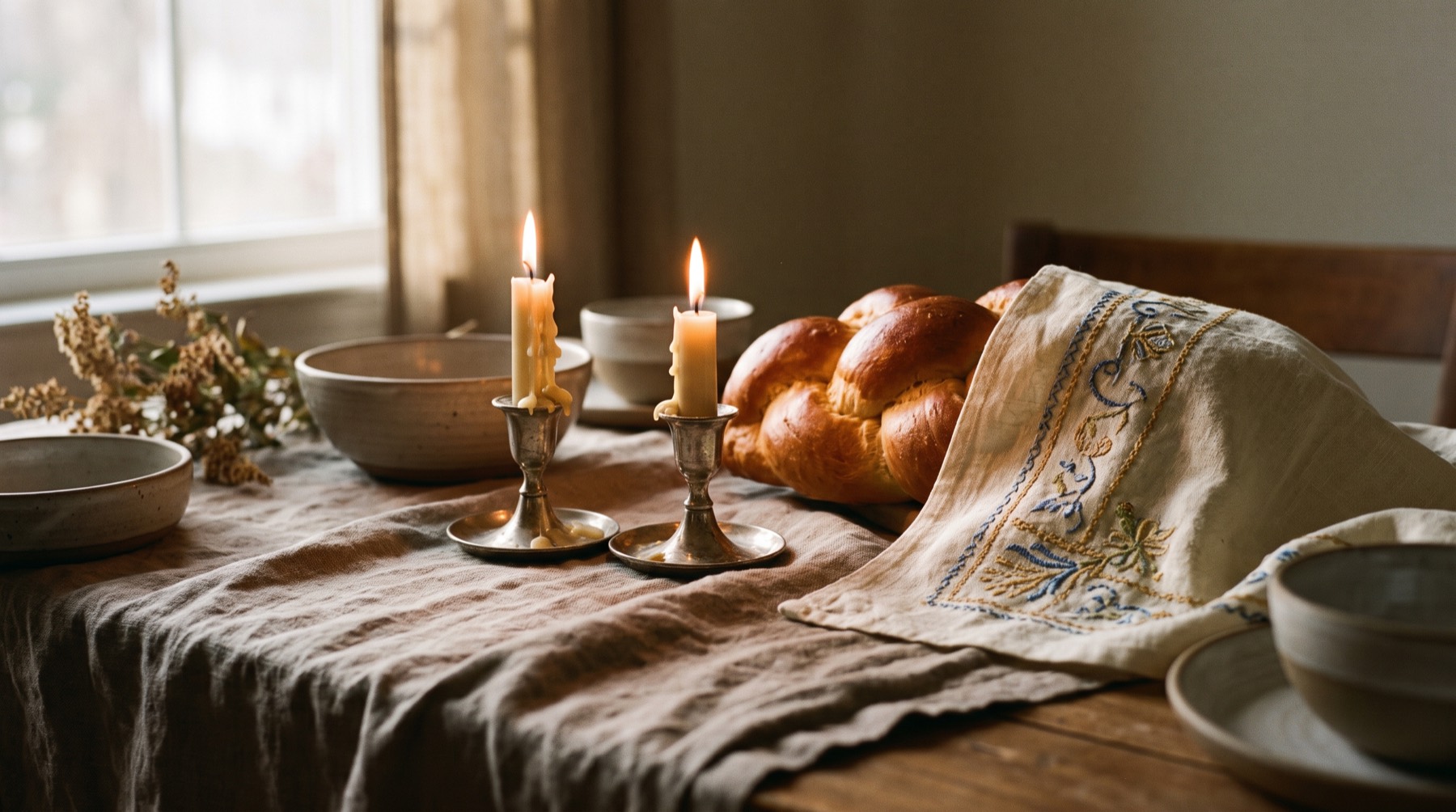 Shabbat candles beside a challah under an embroidered cover